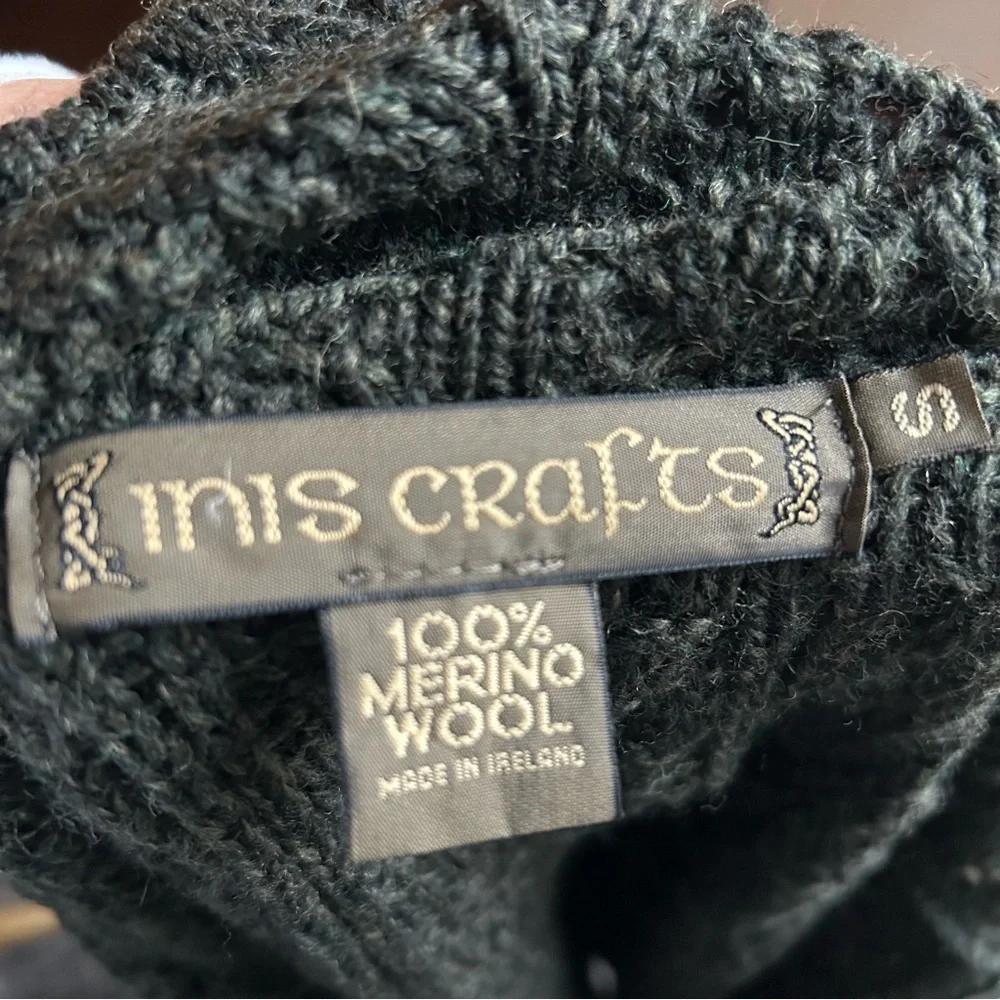 INIS CRAFTS Hunter Green Aran Irish Merino Wool Cardigan Zip Sweater Size Small